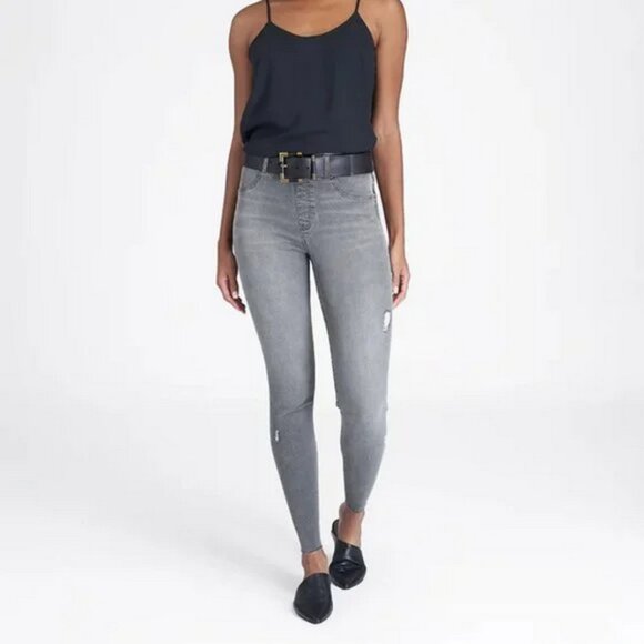 Spanx Distressed Skinny Grey Denim Jeans Large  Tummy Control Neutral - Picture 1 of 11